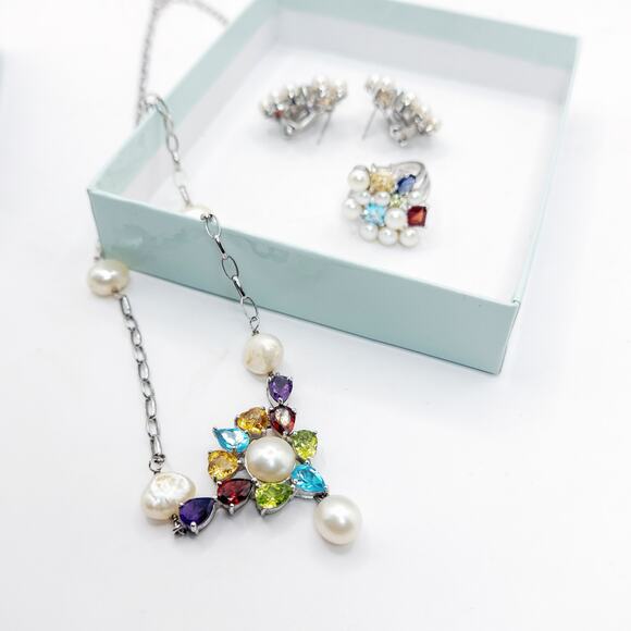 Ross-Simons Jewelry Set Gem Pearl Necklace Ring Earrings Cocktail Glam Size 6.5